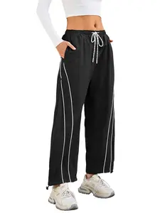 Women's High-Waisted Wide-Leg Athleisure Style Sports Pants, Drawstring Design, Striped Pattern, Elastic Waist, Loose Fit Casual Long Pants, Athletic Casual Trousers