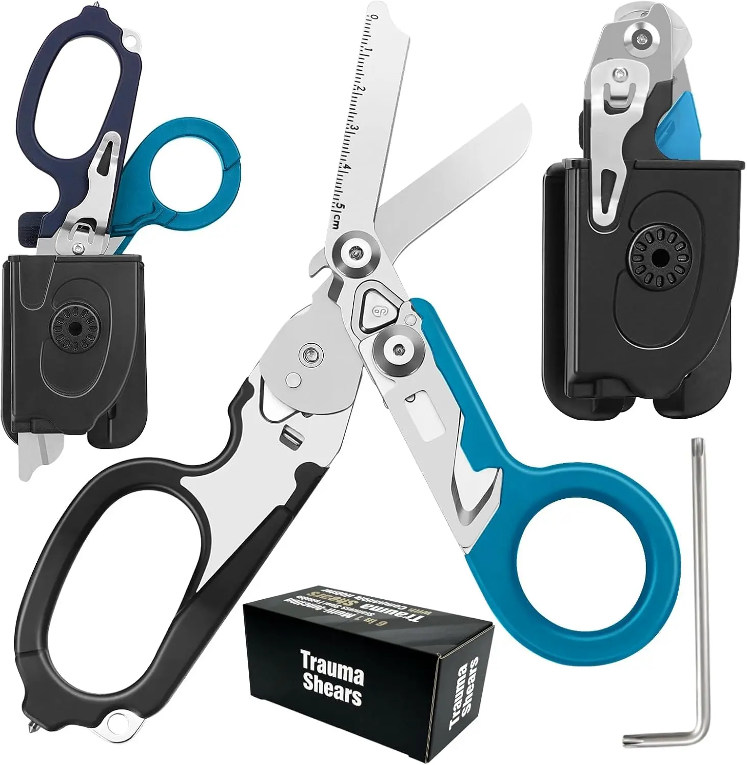 6 In 1 Multi-function Trauma Shears Foldable with Compatible Holster and Penlights,Emergency Shears with Strap and Breaker for Medical Scissors Black+Blue.