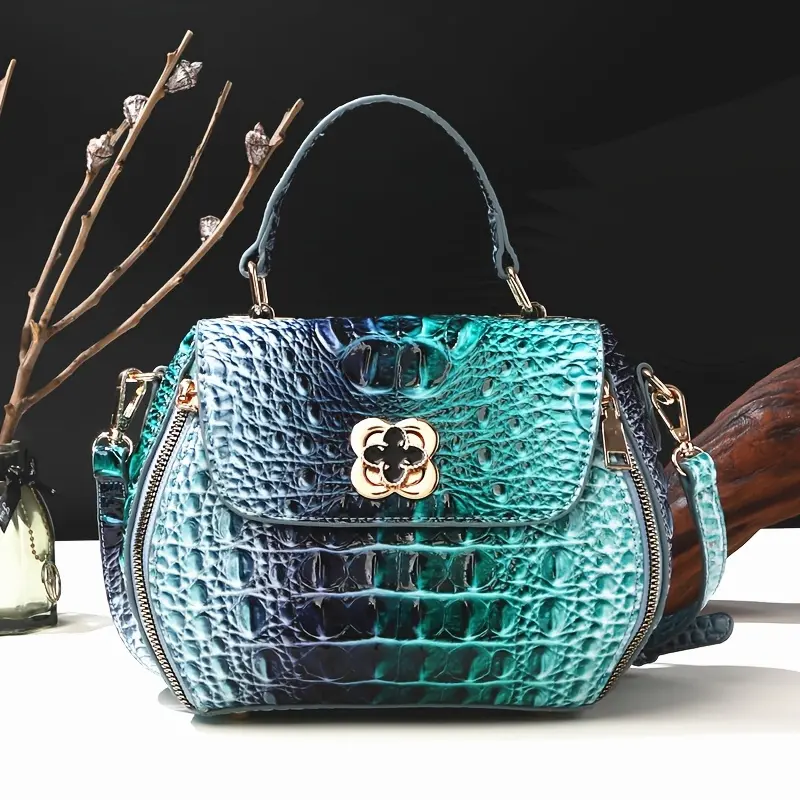 Classic Solid Color Mini Square Handbag, Crocodile Pattern Top Handle Bag for Women