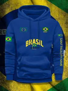 Men's Brazil Flag Fitted Hoodie, //blue/, Brasil Lettering, Football Fan Casual Geometric Winter Pullover, Casual Streetwear Sweatshirt