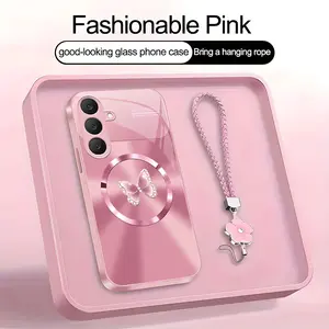 Suitable for [Galaxy S25 Fe] high-end MagSafe phone case，Includes a complimentary four-leaf clover lanyard and magnetic ring.A crystal-clear butterfly print pattern.YM99