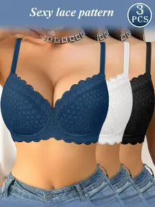 3 Pack Push Up Lace Bras for Women - Lift & Support Underwire Bra, Comfortable & Breathable Floral Sexy Lace Back, Everyday Womenswear