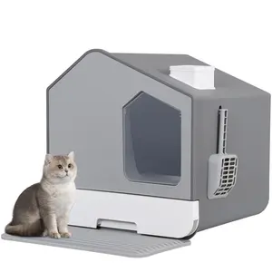 Extra Large Enclosed Cat Litter Box, Stain-Resistant Litterbox, Anti-Splashing Gray Litter Enclosure