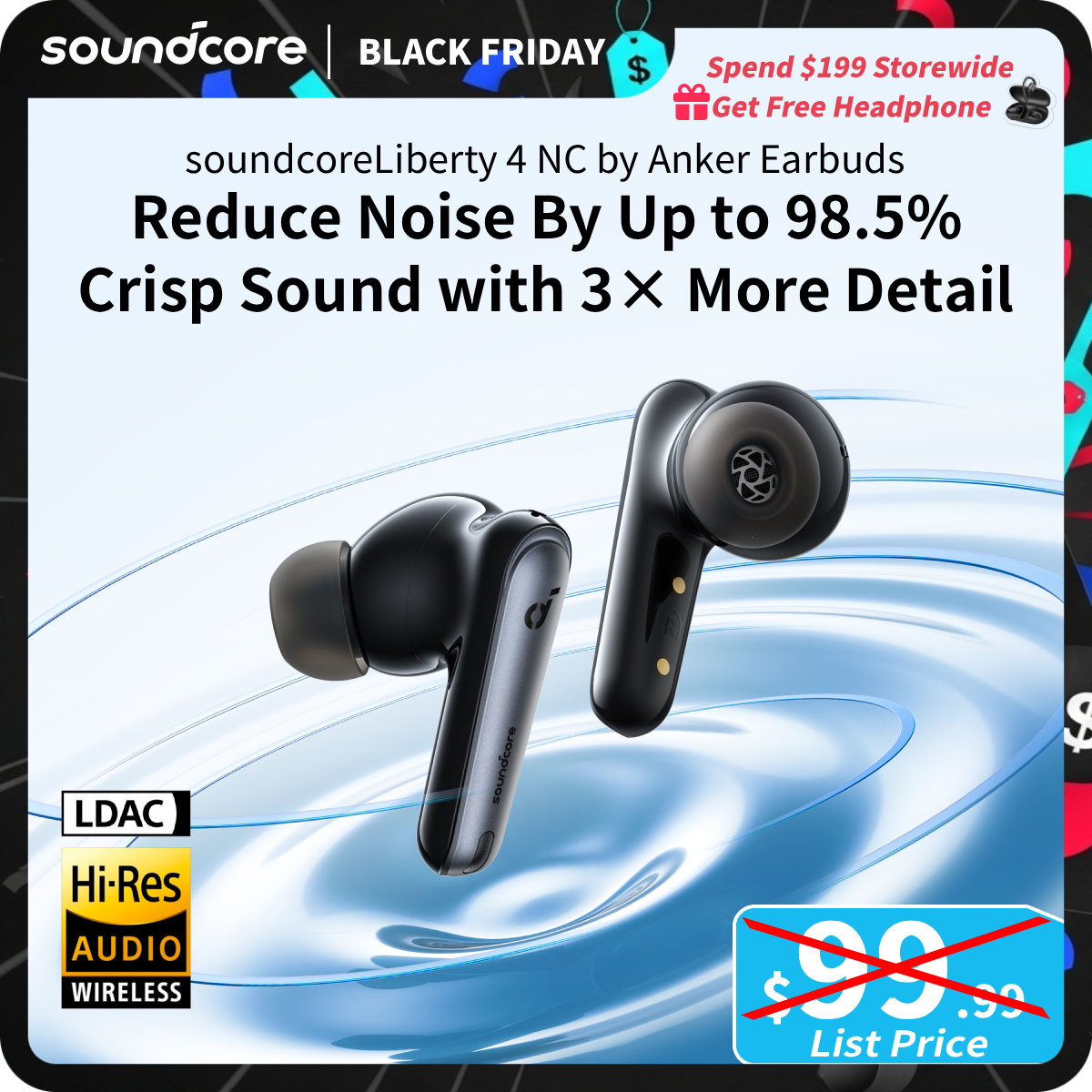 [TikTokShopBlackFriday] soundcore by Anker Liberty 4 NC Wireless Earbuds, 98.5% Noise Reduction, Adaptive Noise Cancelling to Ears and Environment, Hi