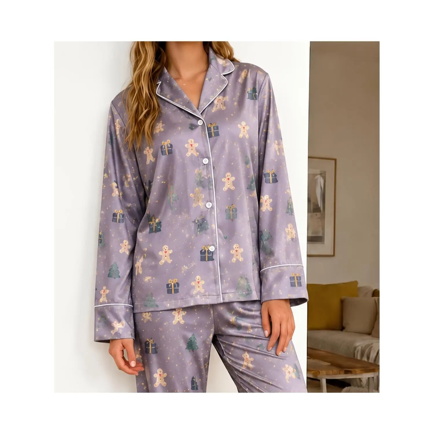 Women's Christmas Gingerbread Print Pajama Set - Long Sleeve Button-Up Top and Pants Sleepwear Lounge Set