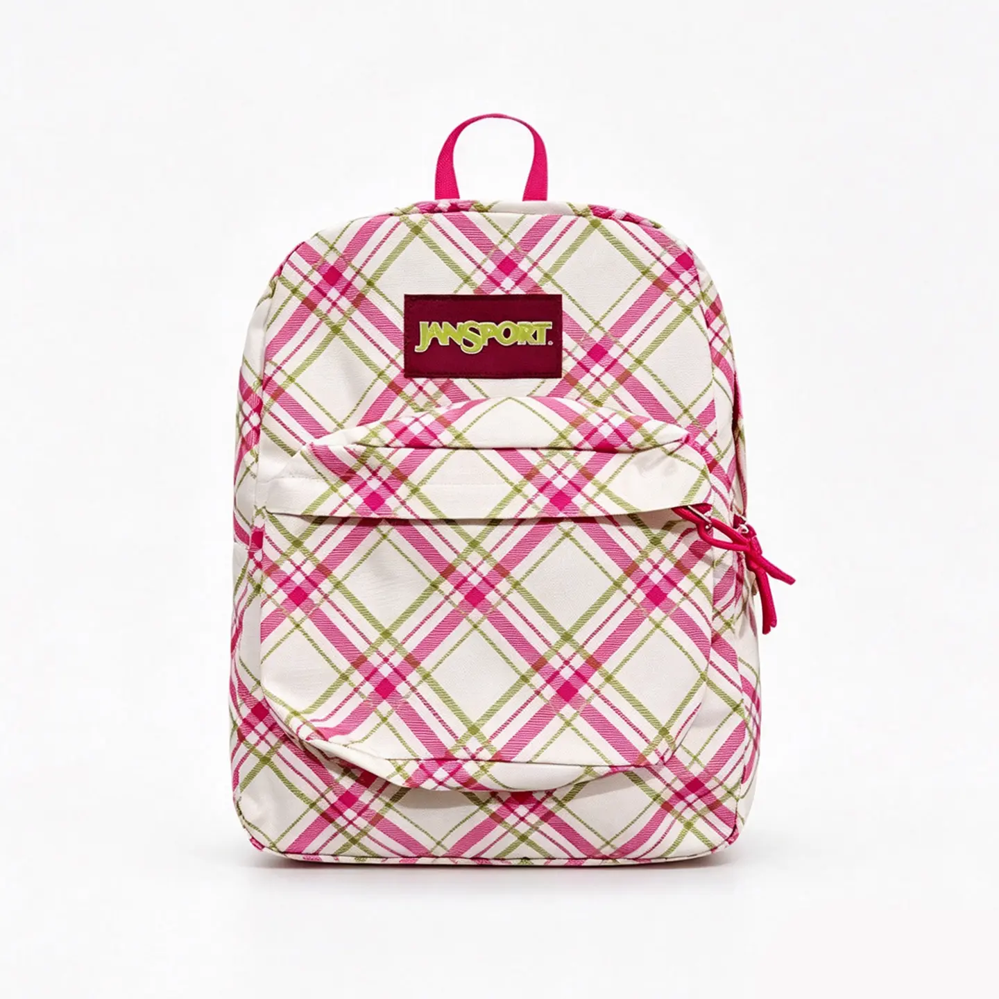 Jansport Backpack - Pink and White Plaid Design with Red Logo and Pink Handle