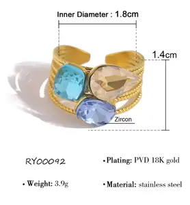 R297- 316L Stainless Steel Colored Square Zircon Splicing Open Ring!