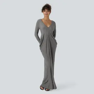 Halara Deep V Neck Long Sleeve Stacked Ruched Maxi Casual Dress