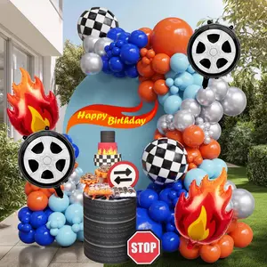 141PCS Race Car Balloon Arch Kit Blue & Orange with Flame Foil & Monster Truck for Boys Party