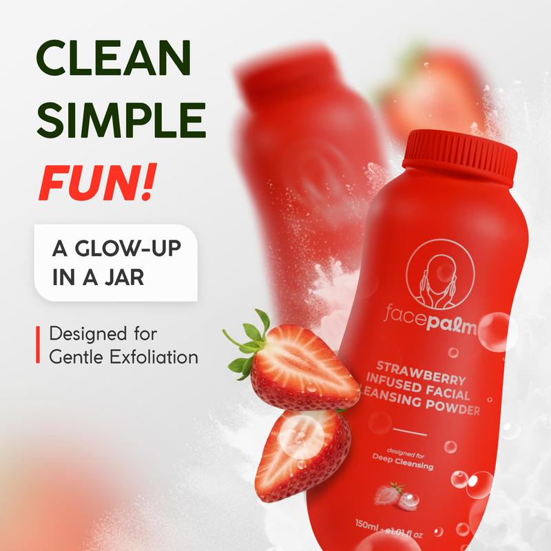 FACEPALM Strawberry Infused Facial Cleansing Powder with Oatmeal Kaolin Clay & Arrowroot for Breakout Prone Skin 100ml Gentle Cleansing & Soothing Effect