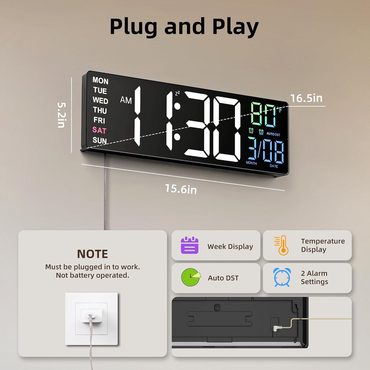 16.5" Large Digital Wall Clock with Anti-Glare Display, RGB Lights with 10 Scenes Mode Remote Control, Adjustable Brightness, Dual Alarms, Auto DST, BT Sync, Temperature for Living Room