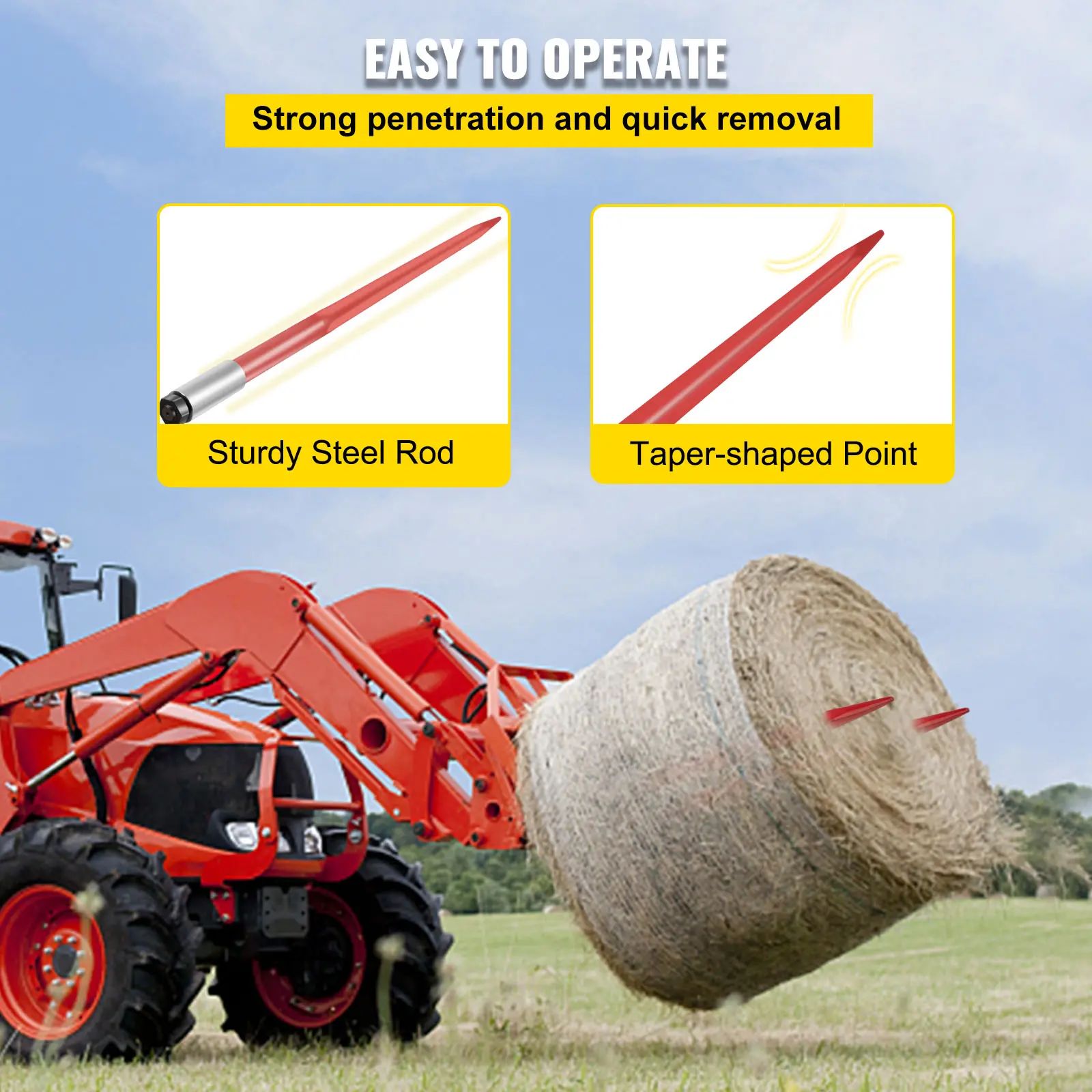 【summerfinds】VEVOR Pair Hay Spear 43" Bale Spear 3000 lbs Capacity, Bale Spike Quick Attach Square Hay Bale Spears 1 3/4", Red Coated Bale Forks, Bale Hay Spike with Hex Nut & Sleeve for Buckets Tractors Loaders