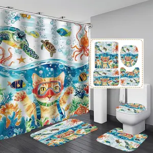 Cute Pet Shower Curtain Set - Waterproof, Mildew-Resistant Bathroom Decor Kit with Toilet Rug, Bath Mat (3 or 4-Piece) for Dogs, Cats