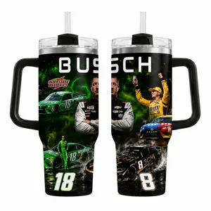 Stylish Kyle Busch Inspired 18 Number Tumbler, 30oz-40oz Interstate Batteries Style Stock Car Drinkware, Race Day Gift For Dad (Straw Not Included) Black Flasks