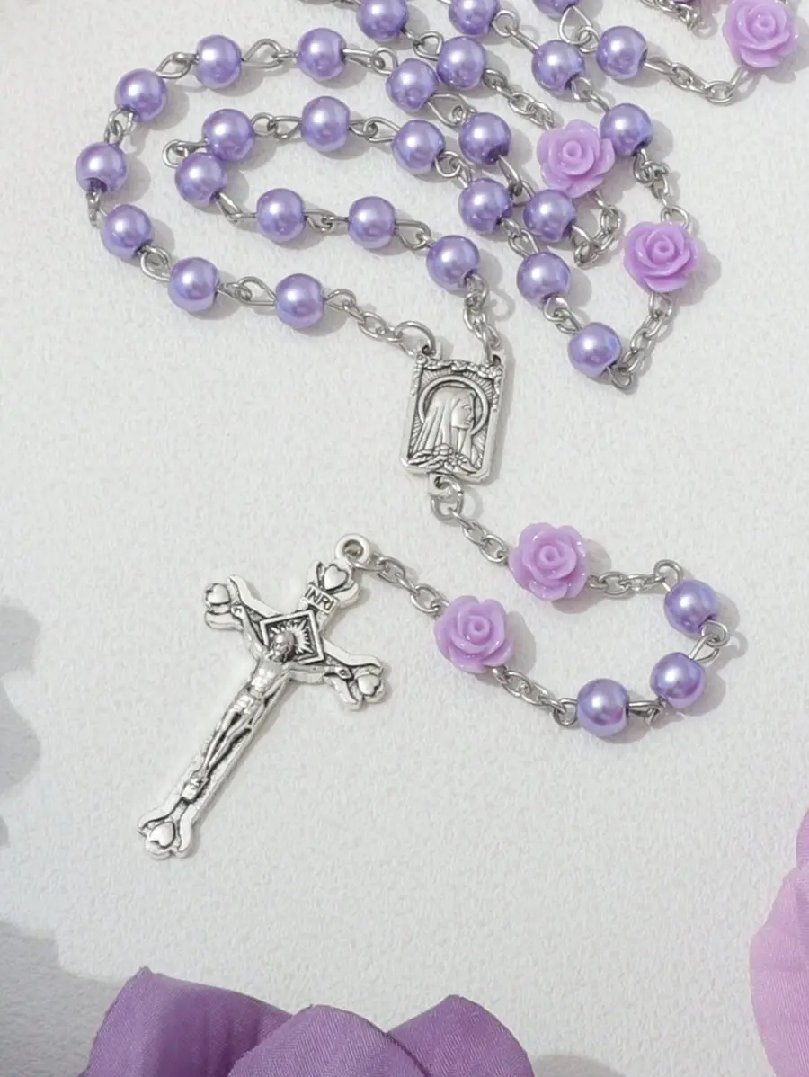 Purple Pearl Rosary Necklace - Handmade Beaded Cross with Virgin Mary & Jesus Pendant, Small Prayer Jewelry