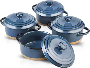 12 Oz Ramekins with Lids, Mini Casserole Dish with Lid Oven Safe, Small Casserole Dish Set, Oven Safe Bowls, Mini Dutch Oven Set of 4, Souffle Dish, Mini Baking Dishes for Oven with Lids, Farmhouse Style (Blue) Classic Round Cookware Induction Pots Smooth