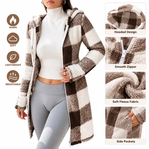 Women’s winter plush warm and comfortable hooded long-sleeve jacket, a cozy outerwear piece for cold weather, soft and stylish long-sleeve winter coat, women’s mid-length jacket, available in multiple colors