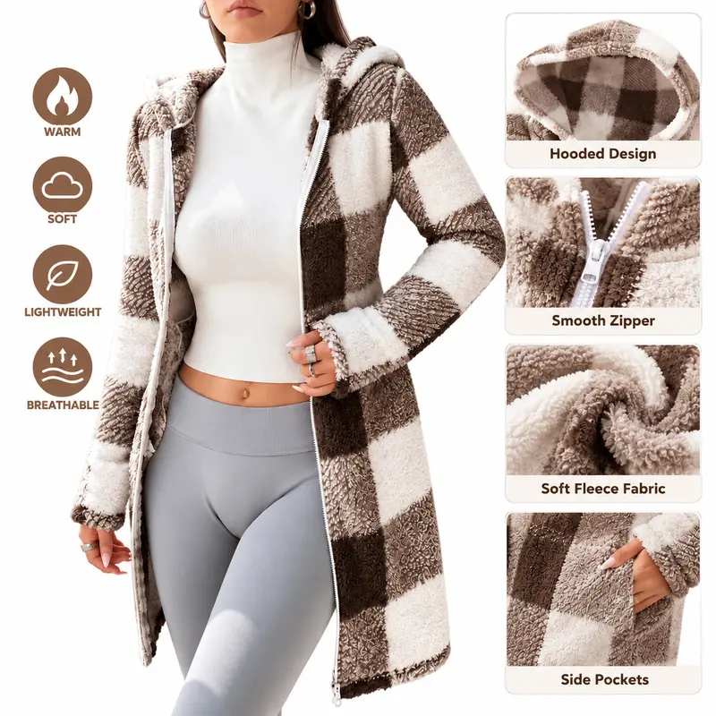 Women’s winter plush warm and comfortable hooded long-sleeve jacket, a cozy outerwear piece for cold weather, soft and stylish long-sleeve winter coat, women’s mid-length jacket, available in multiple colors