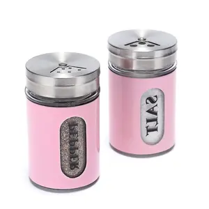 Salt and Pepper Shakers Stainless Steel and Glass Set with Adjustable Pour Holes (Pink) Bottle Kitchen