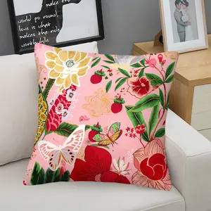 Tropical Floral Butterfly Theme Pillow 1 Piece with Insert, 45cm Square Zipper Closure, Tropical Flowers, Butterflies & Leaf Patterns, Soft Comfortable Decor for Bedroom and Sofa, Decorations Full of Spring Vitality & Romance