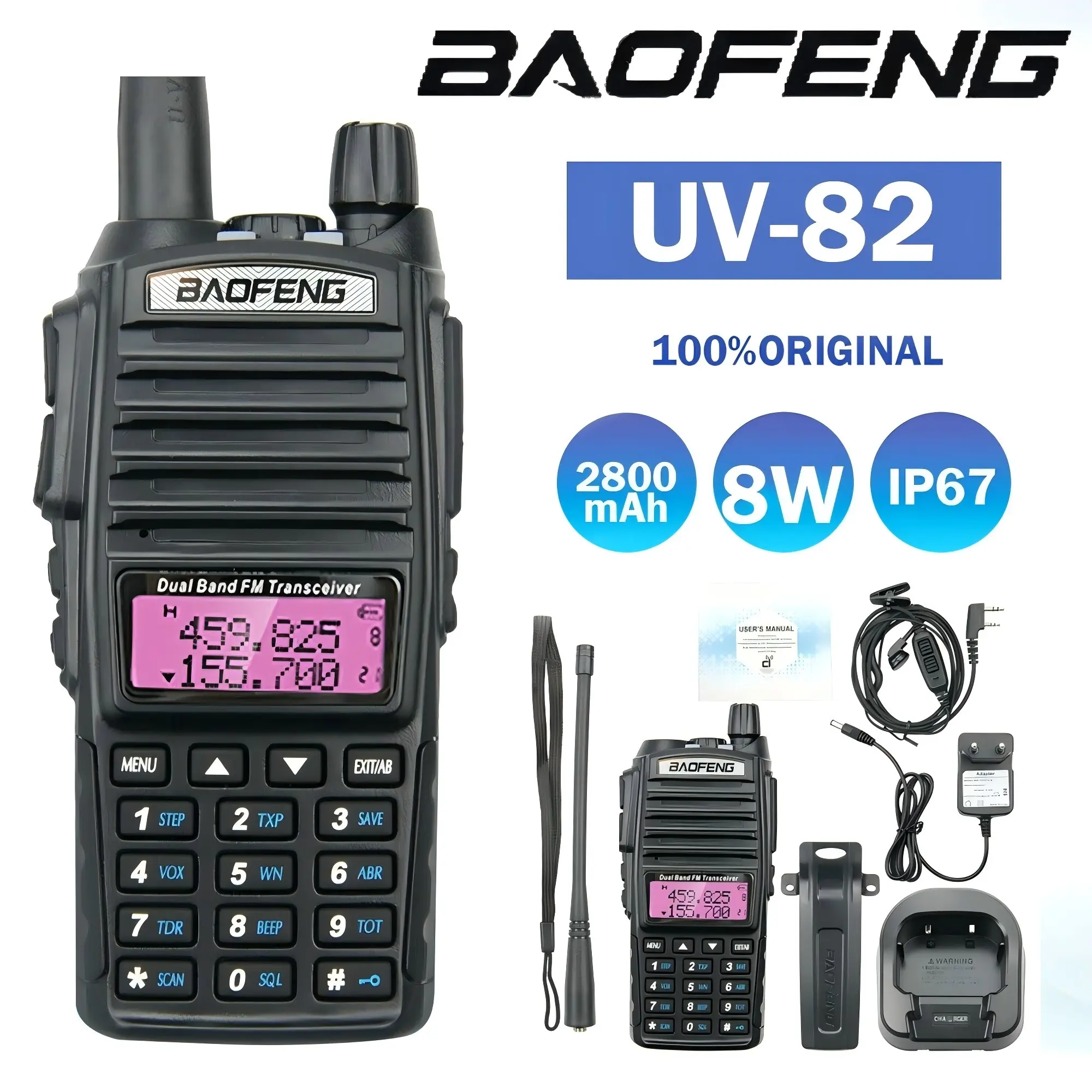 BaoFeng UV-82 Portable Rechargeable 8W Dual Band VHF/UHF 2-Way Walkie Talkies, 2800mAh, US Version, Portable Walkie Talkie, Rechargeable Walkie Talkies