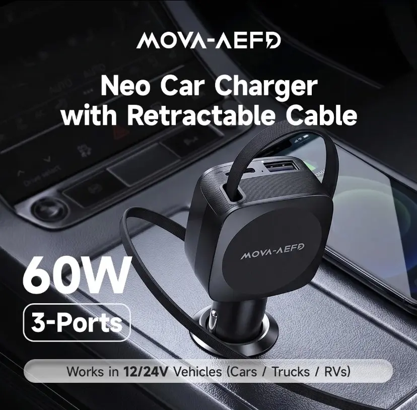 MOVA-AEFD 60W Retractable Cable Car Charger, 3-Port Multi Device Car Power Adapter, Portable Neo Car Charger, Works for 12V/24V Vehicles, Compatible with Cars, Trucks & RVs
