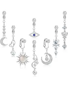Cute 8 Pcs Silvery Gorgeous Fake Navel Bars Diverse Copper Dangle Faux Belly Button Piercings for Women Men Shining CZ Moon Evil Eye Clip on Belly Button Bars Fake Pregnant Belly Bars Silver Belly Button Bars