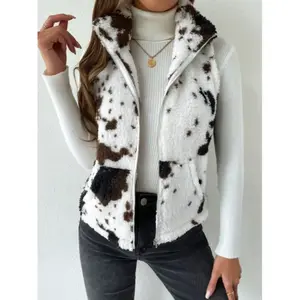 Women's cow patterned teddy vest jacket, high necked zipper animal pattern, elegant and fashionable autumn and winter jacketRAIMENTRY