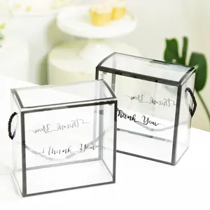 25 Pack Clear PVC Favor Boxes with Black Trim Rope Handles and Thank You Print, Transparent Portable Candy Gift Boxes - 5.5"x5.5"