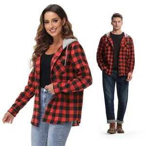 YSENTO Couple Matching Casual Flannel Plaid Button Hooded Shirts Lightweight Outdoor Jacket