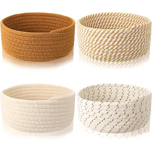 Boao 4 Pcs Easter Woven Baskets Small Rope Storage Bin Mini Cotton Baskets for Organizing Easter Gifts Cute Tiny Empty Round Shelf Closet Decorative Bins for Home Room(Brown)