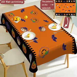 Halloween Pumpkin Bat Ghost Print Tablecloth, Polyester Washable, Kitchen Dining Outdoor Picnic Garden Party Decor