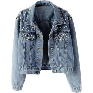 Women's Oversized Denim Jacket Embroidered Pearls Beaded Jeans Coat