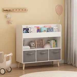 Bookshelf with 3 Fabric Bins, Modern Children's Bookcase with Storage for Toys and Books, Toddler Book Organizer Shelf for Playroom, Bedroom, or Nursery, White and Gray
