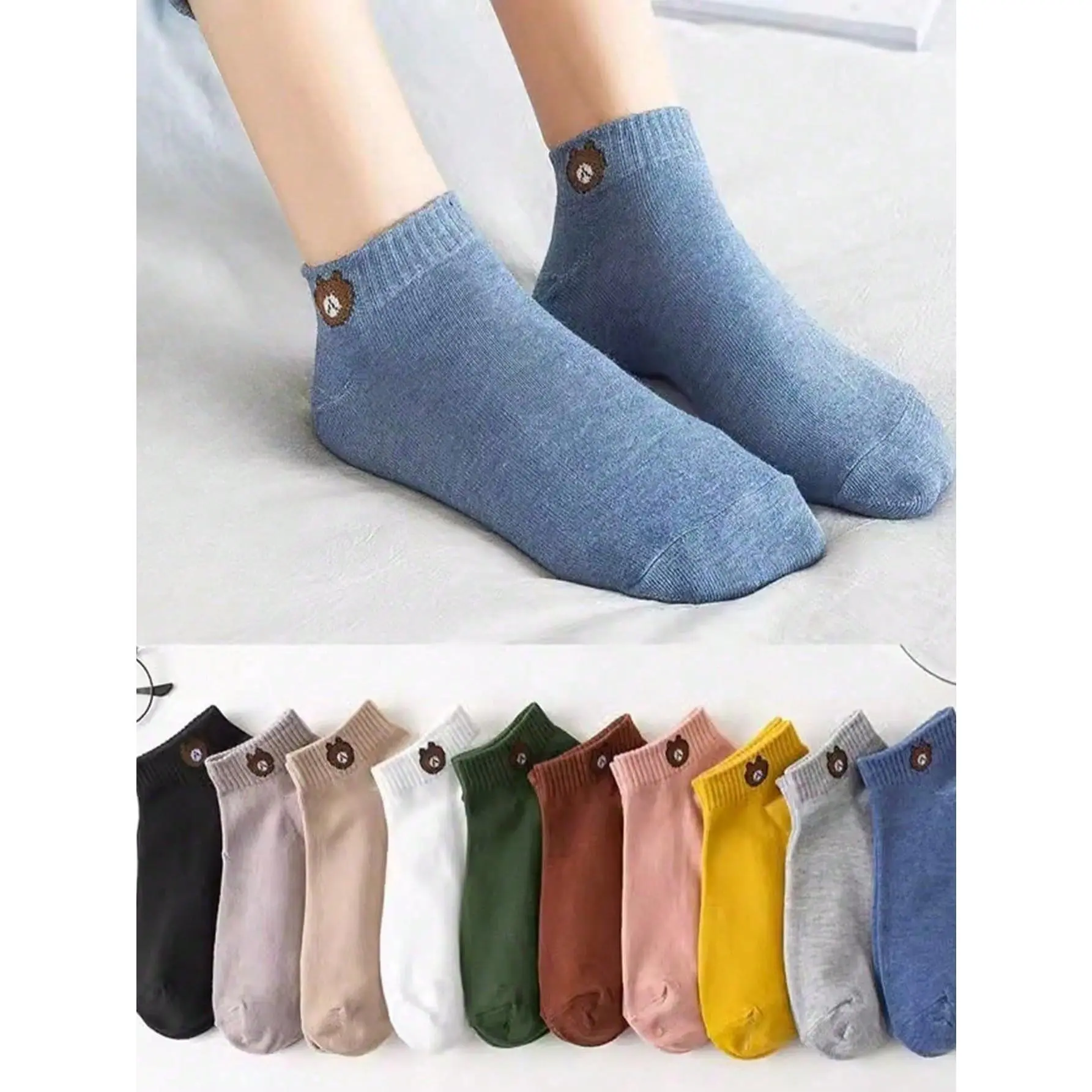Women's 12 Pairs Multicolor Polyester Cute Cartoon Bear & Rabbit Low-Vamp Low-Cut Ankle Boat Socks, Thin Spring/Summer Style, Moisture-Wicking, Casual Chic, Ideal for Thanksgiving, Easter, Valentine's Day