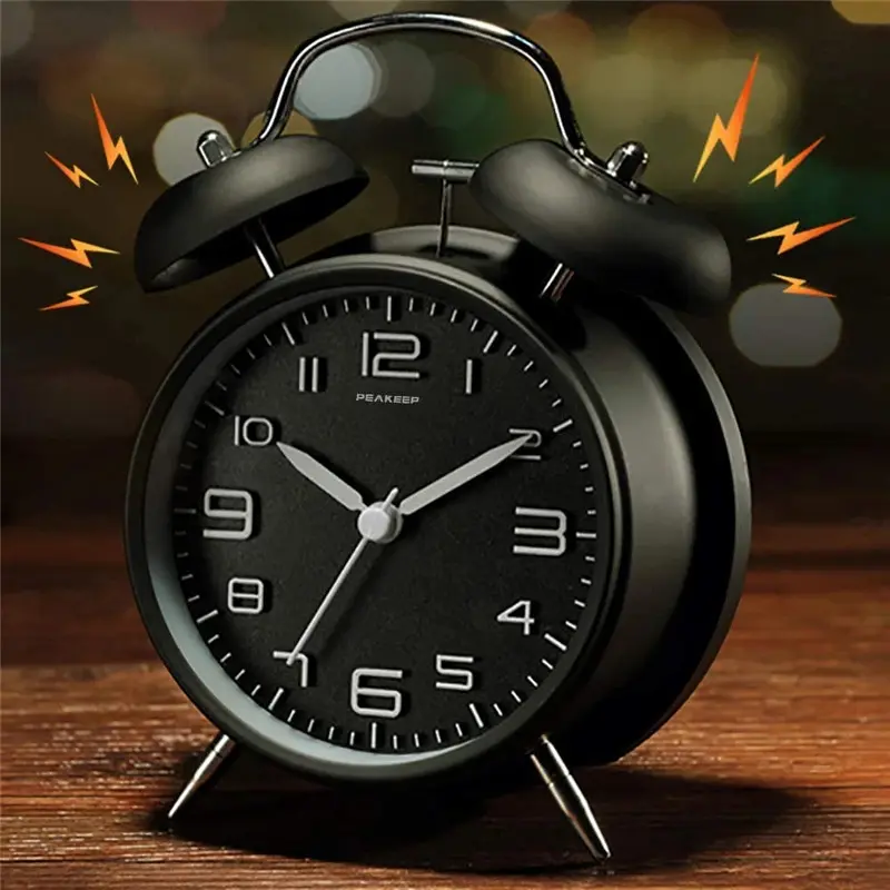 High Quality Analog Alarm Clock - Mechanical Style Metalwork, Modern Minimalist, Matte Black Metal Frame, 3D Backlit Simple Dial, Battery-Powered, Compact Home Supplies Decor, Extra Loud Twin Bell, No Snooze, Ideal for Bedrooms, Low Carbon Compatible