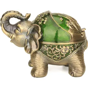 LAUYOO Elephant Decorative Ashtray with Lid for Cigarettes Metal Smoking Ash tray Ashtrays for Smoker Windproof Cigarette ashtrays for Outdoor Indoor Fancy Gift for Men Women Weed Smokers (Dark Green)