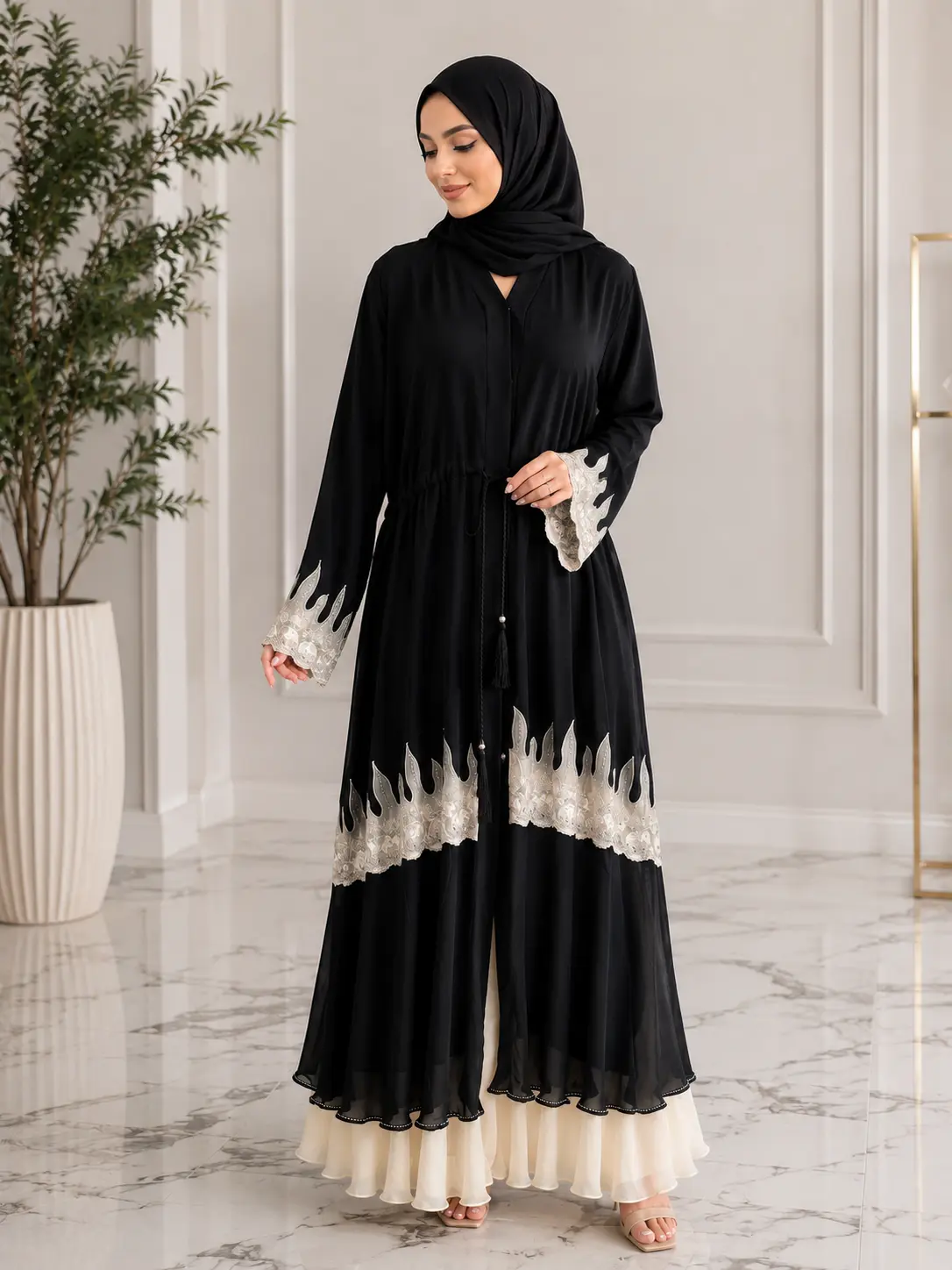 Women's Islamic Clothing Elegant Black Open Abaya with Embroidered Lace Trim, Adjustable Waist Tie, Sizes 56-58, No Inner Dress Included, Women's Modest Fashion Camping Essentials, Women's Clothing