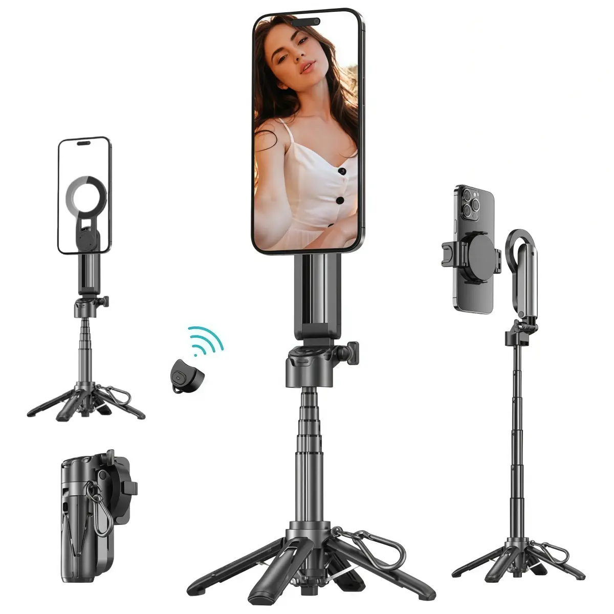 4-in-1 4.6in Pocket Mini Magnetic Selfie Stick Tripod with Phone Clip, 16.3in Aluminium Magsafe Holder, 360° Rotatable Portable Travel Stand with Metal Ring, Remote, Hook for iPhone, Samsung Galaxy Mobile/Cellphone/Smartphone Accessories, Black, 360-Degre