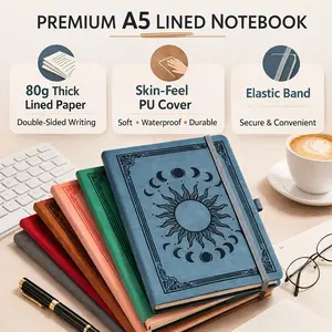 A5 Journal Notebook, 1 Count Sun & Moon Embossed Faux Leather Cover Notebook, Lined Paper Notebook with Pen Loop, Elastic Closure, Ribbon Bookmarks
