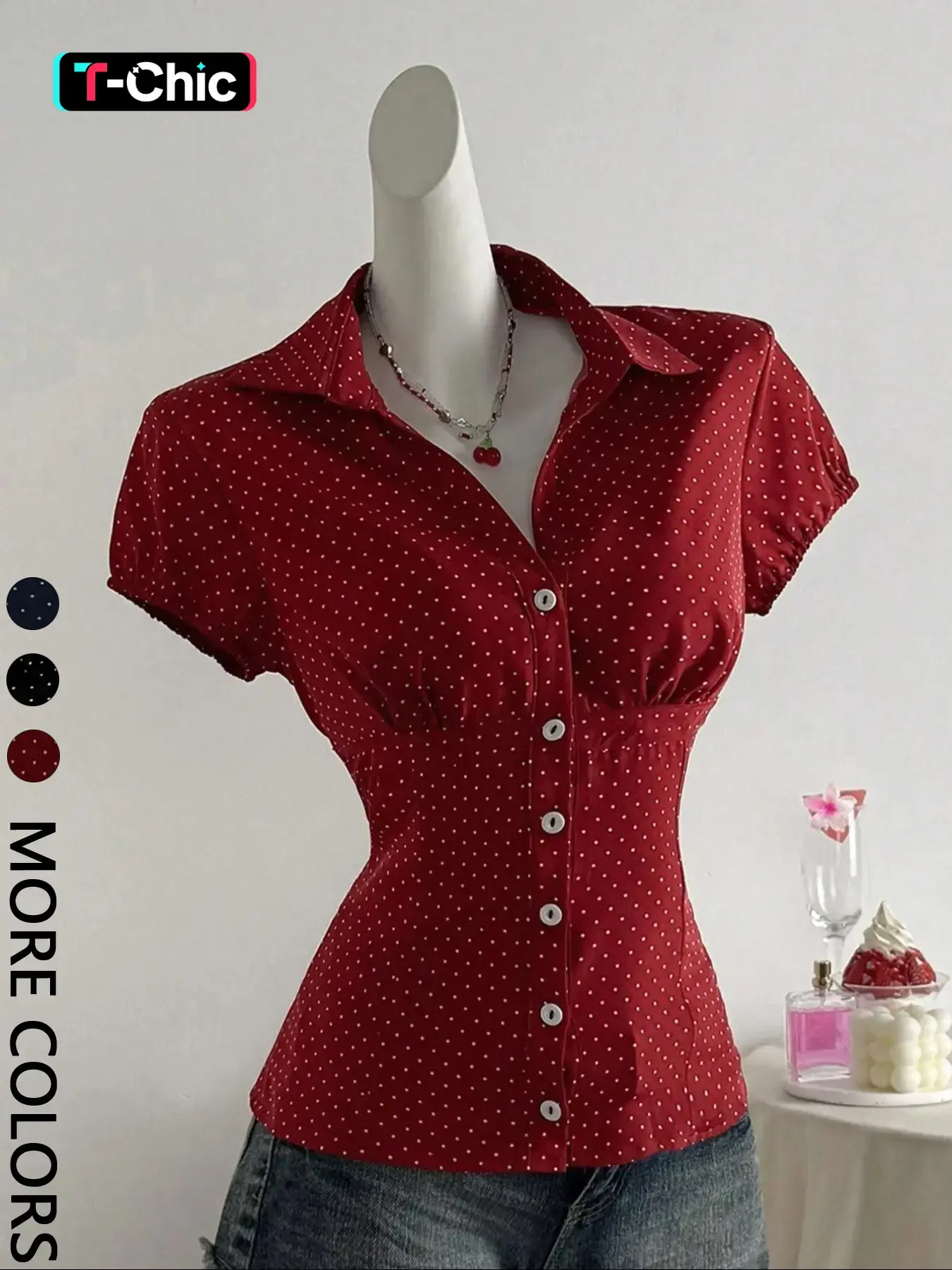 Women's Casual Polka Dot Printed Shirt Blouse, Fitted Design, All over Print, Perfect for Everyday Wear, Comfortable and Stylish, Casual Everyday Top