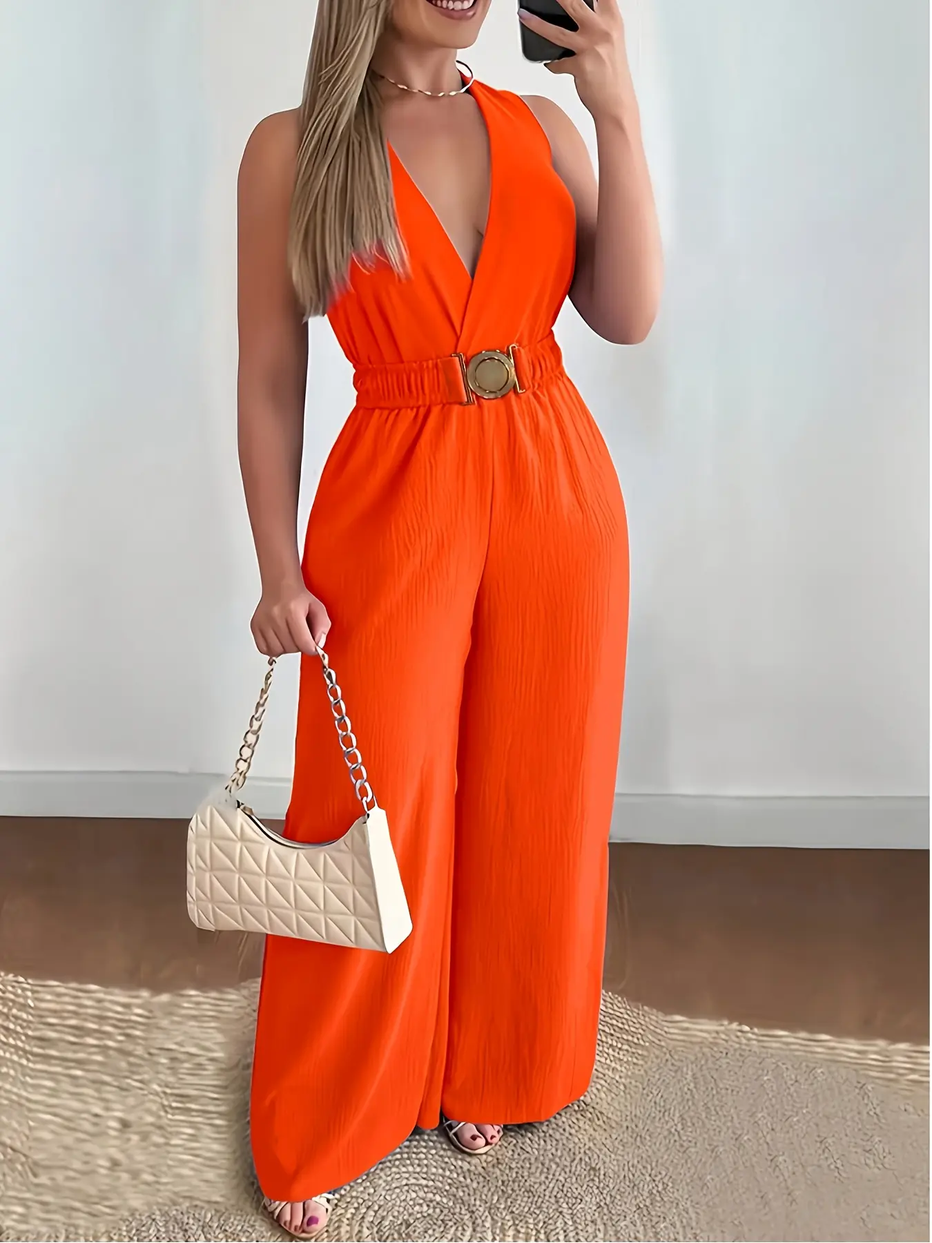 Bright Sleeveless Jumpsuit for Women Summer High Waist Pleated Texture Ring Belt Fashionable Fit One-Piece Womenswear