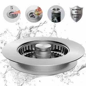 All Metal Kitchen Sink Strainer Stopper Combo - Stainless 3-in-1 Pop Up Sink Drain Strainer with Handle Rod for US Standard 3-1/2 inch Drain Filter, Anti-Clog