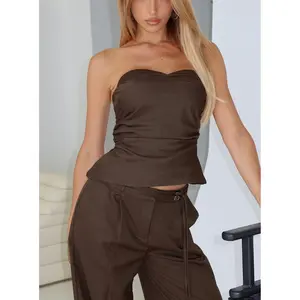 Keighly Strapless Draped Top Brown Pinstripe