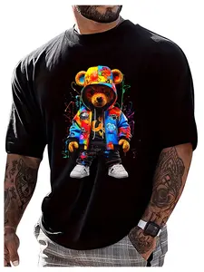 Men's printed short-sleeved T-shirt with cartoon bear pattern, round neck casual and cool top.