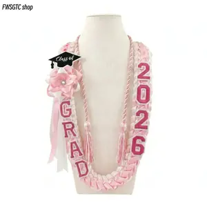 2026 brand new graduation lei and honor cord set. Popular Hawaiian style handmade ribbon necklace comes with exquisite graduation charms. Lovely souvenir gifts perfect for high school and college senior graduation ceremonies.