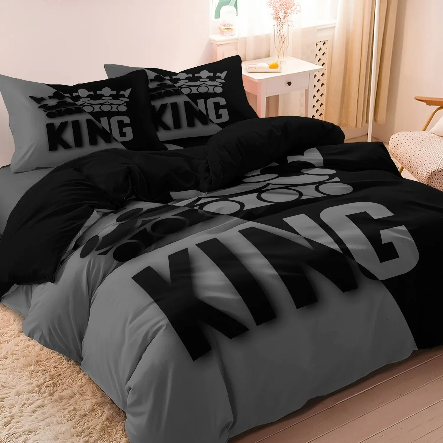 Crown & "King" Letter Print Bedding Set (3 Pcs/Set), 1 Duvet Cover & 2 Pillowcases (No Filler), Soft Comfortable Set for Bedroom & Guest Room