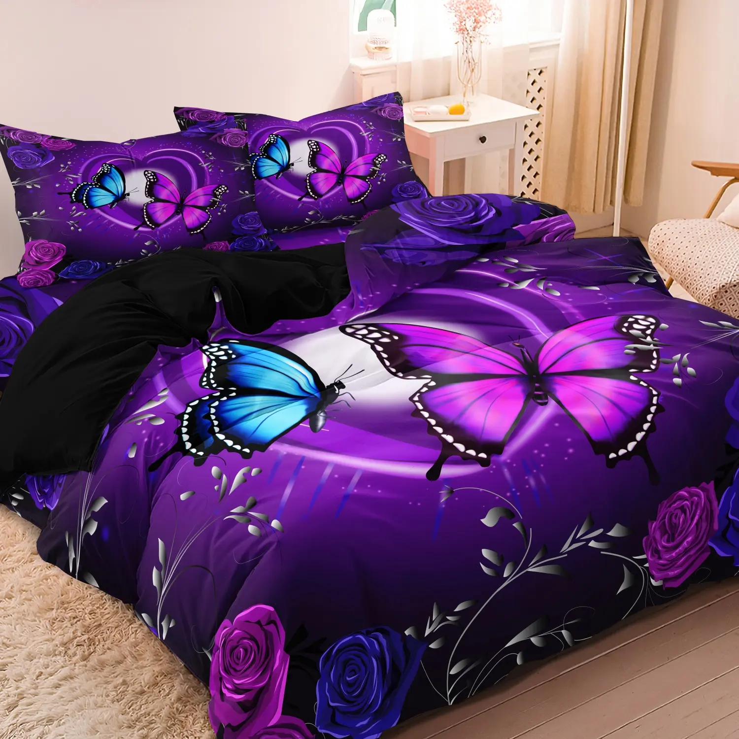 3pcs Purple Butterfly & Rose Floral Decorative Duvet Cover Set, Vibrant Print Theme Bedding Set for Bedroom Decor, For Family Bedrooms Dormitories Hotels (1 Duvet Cover + 2 Pillowcases No Comforter No Pillow)