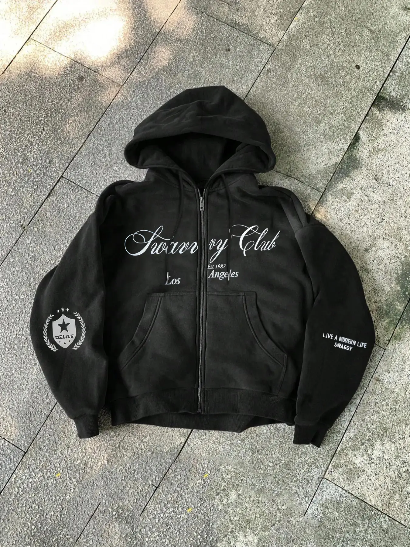 American Los Angeles Club Hooded Zipper Sweatshirt, Graphic Print, Loose Fit, Casual Streetwear, Fall & Winter Fashion