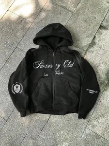 American Los Angeles Club Hooded Zipper Sweatshirt, Graphic Print, Loose Fit, Casual Streetwear, Fall & Winter Fashion